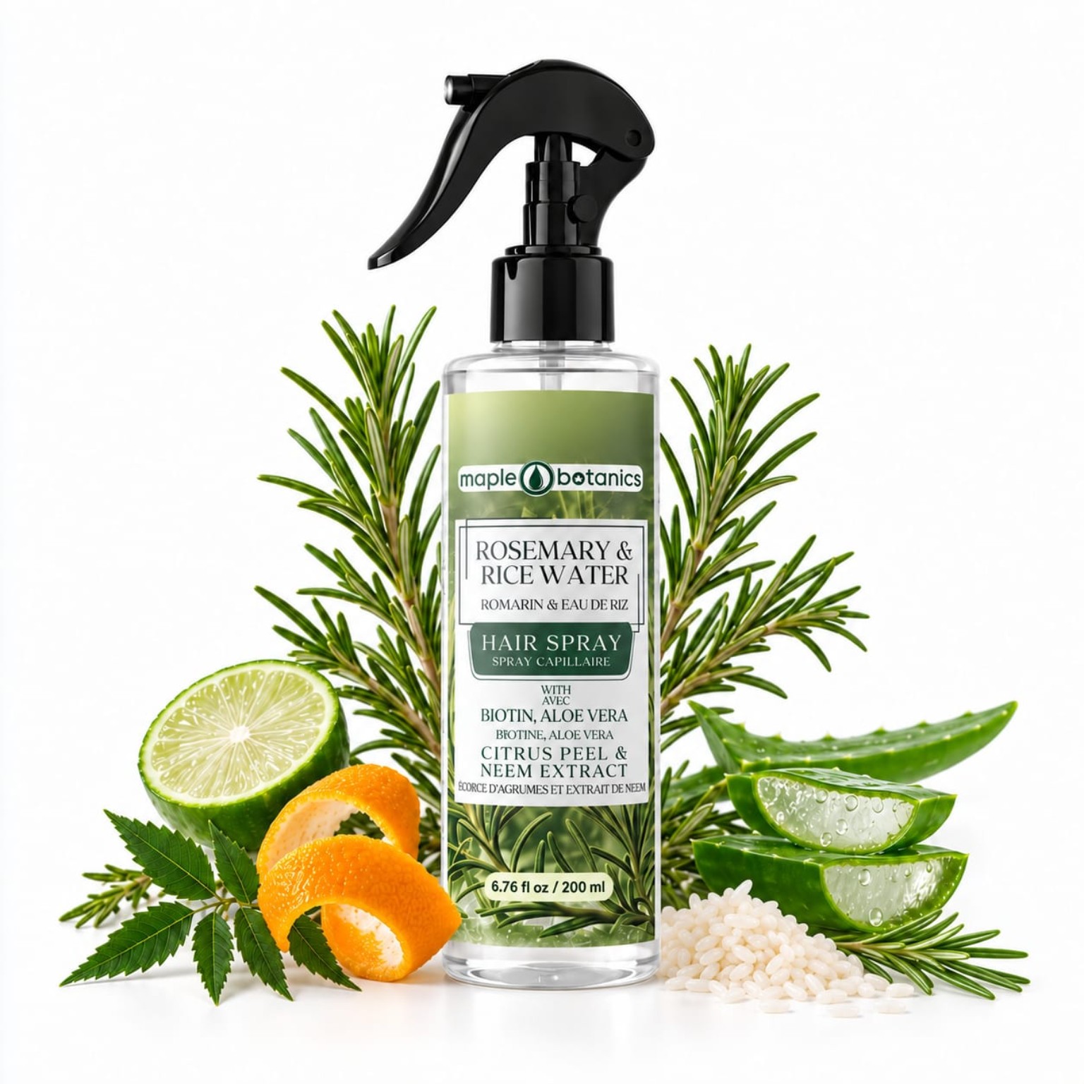 Maple Botanics Rosemary and Rice Water Hair Spray on white with its botanical ingredients