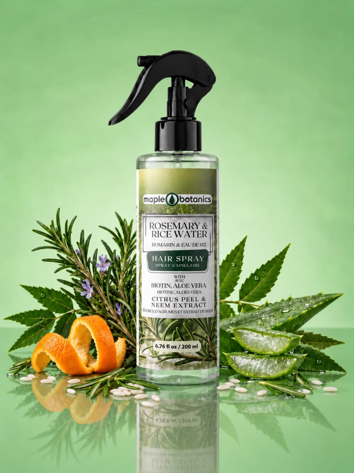 Maple Botanics Rosemary and Rice Water Hair Spray bottle with rosemary, aloe, citrus and neem